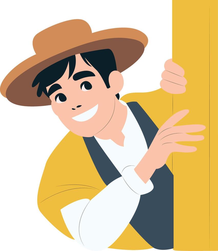 Smiling Farmer Peeking Around Corner peeking, Happy Balearic Islands Day vector