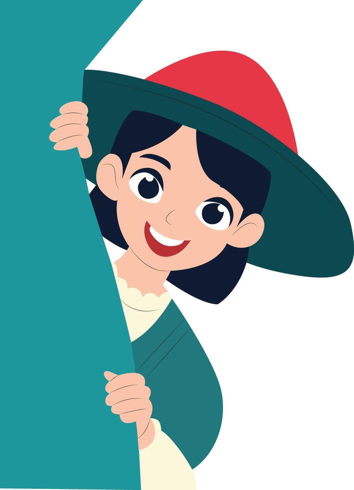 Happy Girl Peeking Behind Green Sign peeking, happy Canberra Day vector