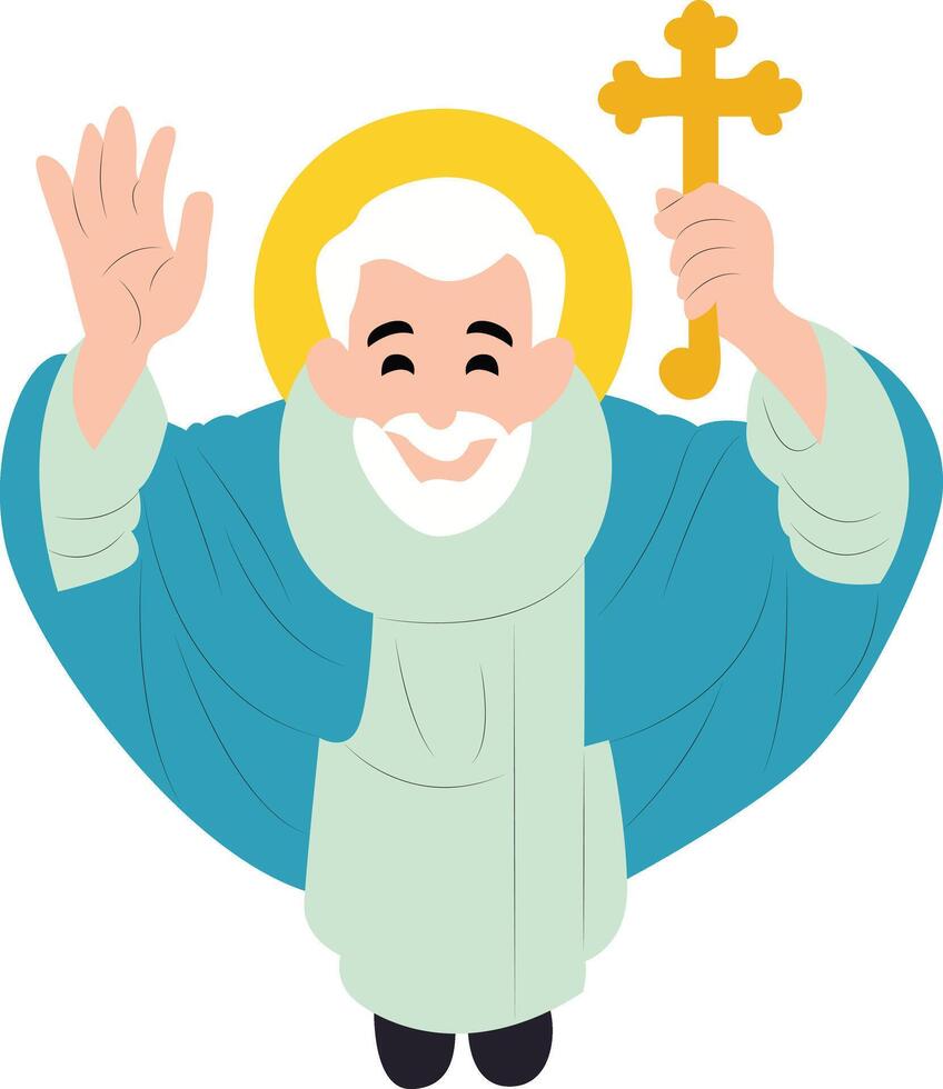 Cartoon Saint Holding Orthodox Cross peeking, happy Nowruz vector