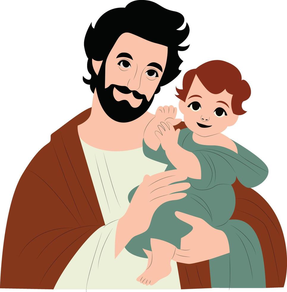 Saint Joseph Holding Baby Jesus Illustration peeking, happy Feast of St. Joseph vector