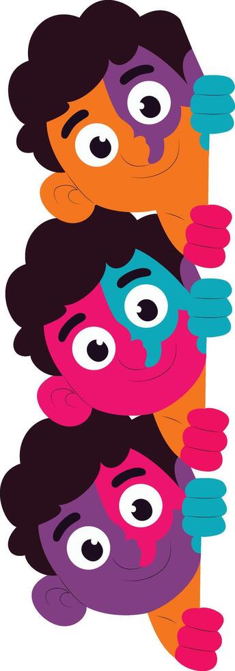 Holi Festival Kids Colorful Faces peeking, happy Holi vector