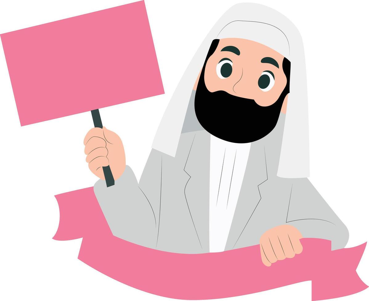 Muslim Man Holding Pink Sign Banner peeking, happy International Womens Day vector