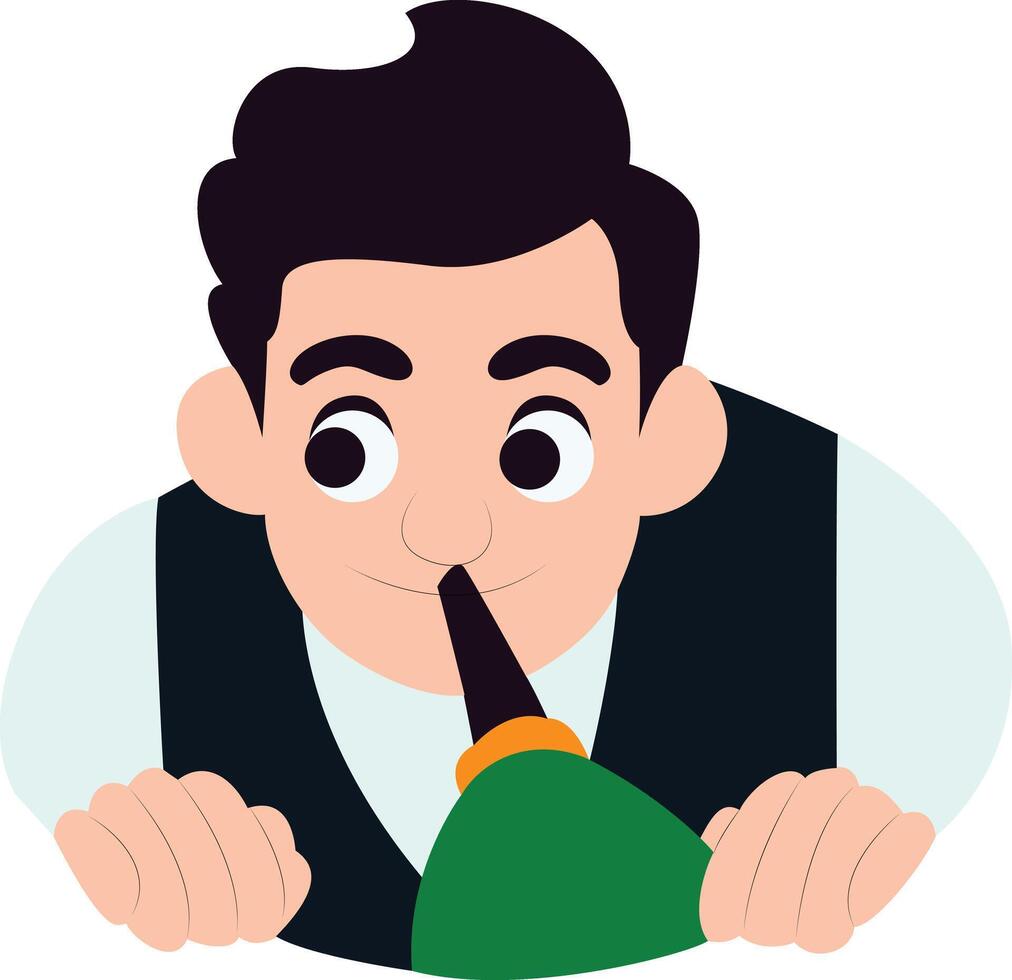 Man Cartoon Blowing Green Whistle peeking, happy International Bagpipe Day vector