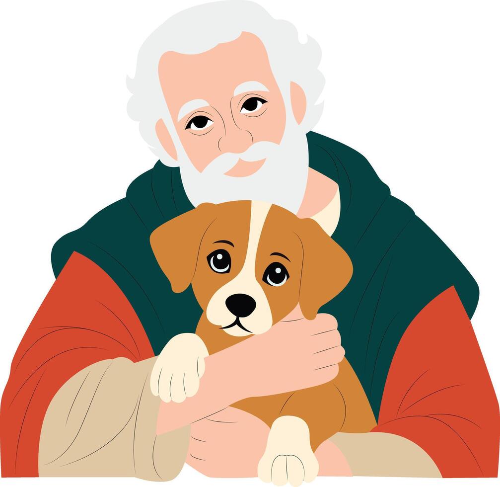 Elderly Man Hugging Adorable Puppy peeking, happy National Puppy Day vector