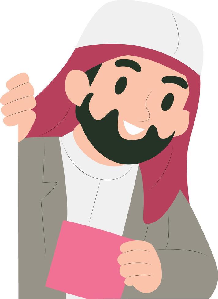 Smiling Arab Man Holding Blank Sign peeking, happy International Womens Day vector