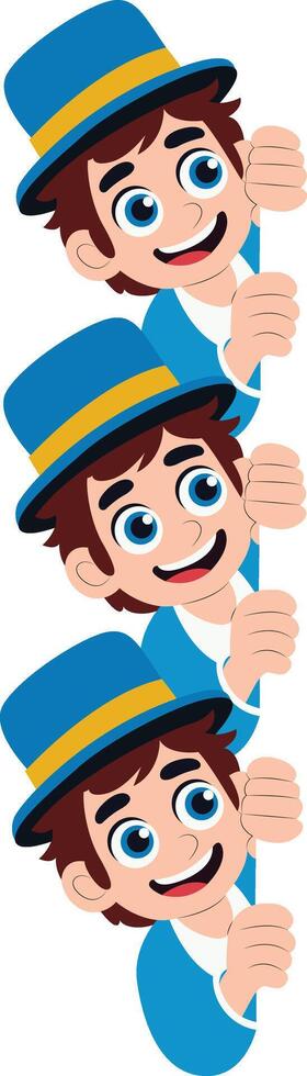 Three Boys Peeking Blue Hats Illustration peeking, happy Purim vector