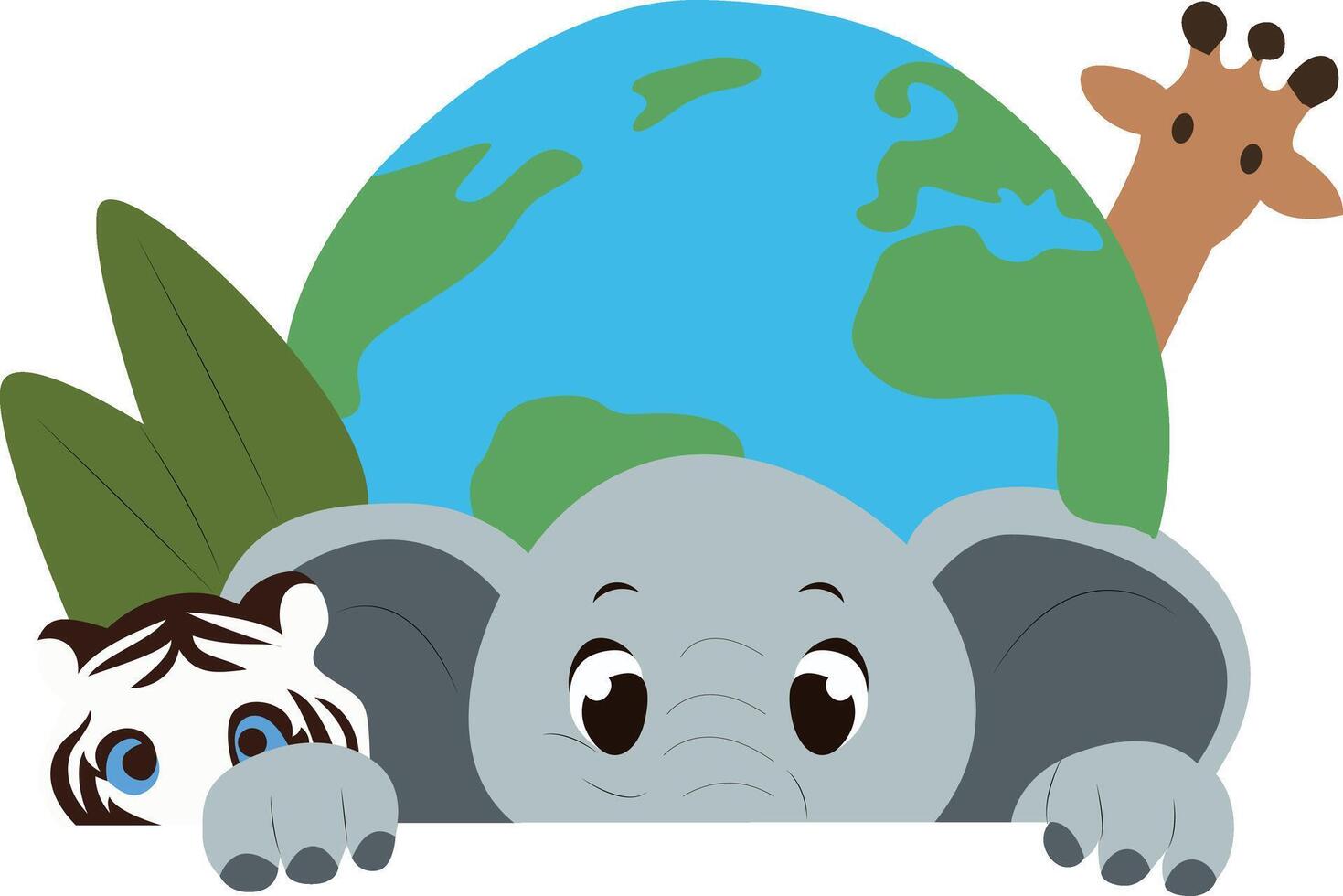 Cute Animals Earth Day Cartoon Illustration peeking, happy World Wildlife Day vector
