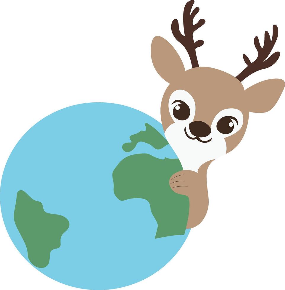 Cute Reindeer Hugging Earth Globe peeking, happy World Wildlife Day vector