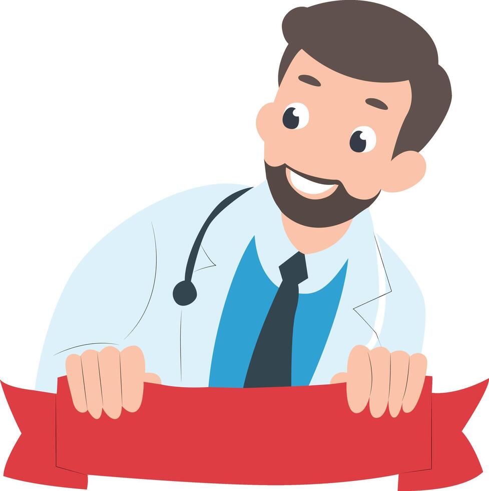 Smiling Doctor Holding Red Ribbon Banner peeking, happy World Tuberculosis Day vector