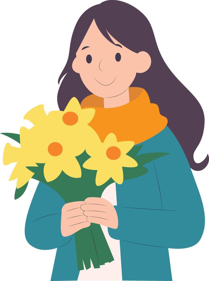 Woman Holding Daffodil Flower Bouquet, St. Davids Day, Wales vector