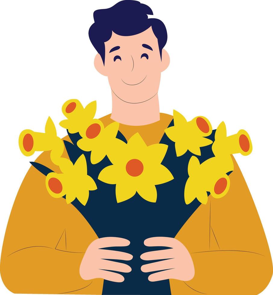 Man Holding Yellow Daffodil Bouquet, St. Davids Day, Wales vector