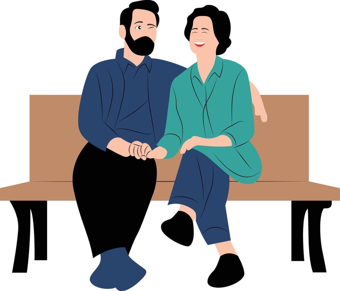 aged mature couple relaxing, sitting on bench, holding hands vector