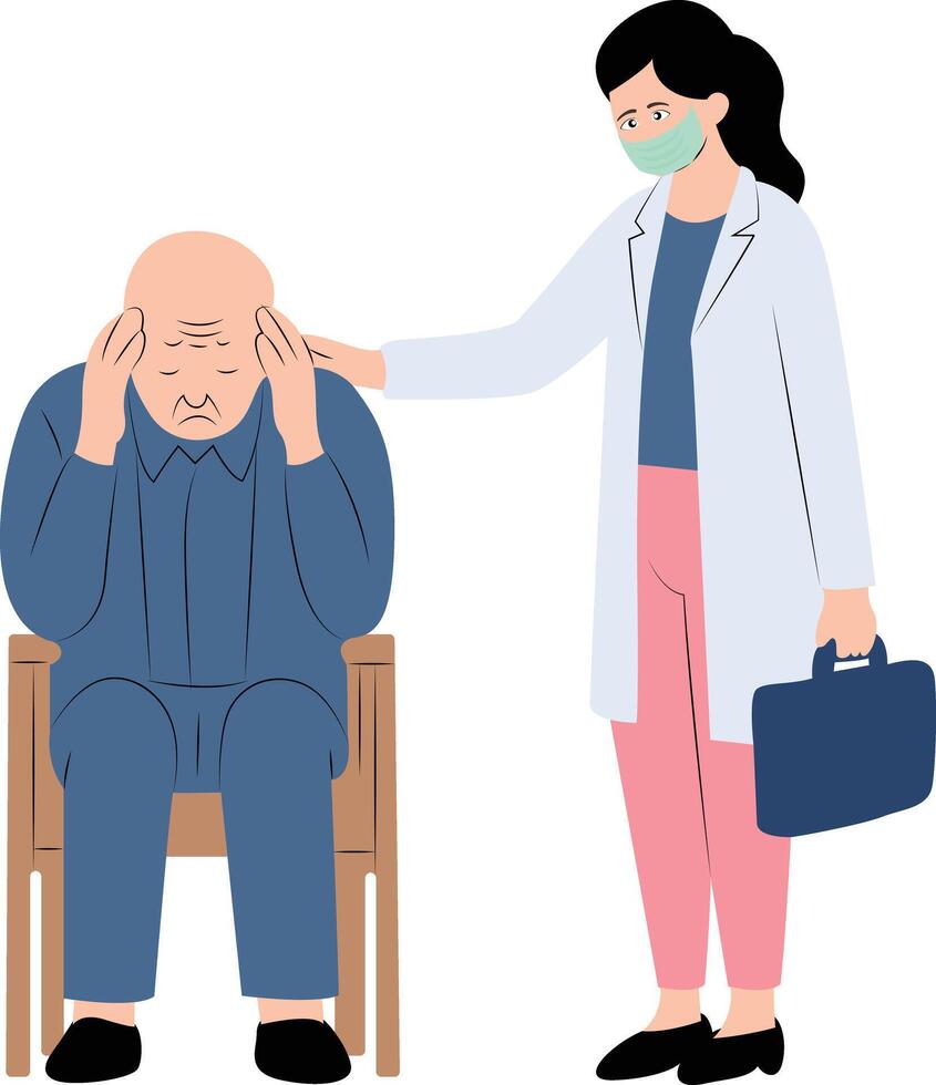 Elderly woman with a headache, supported by a doctor, International Day of Older Persons vector