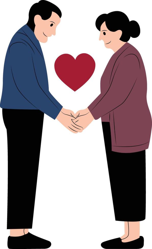 Elderly couple holding hands, sharing a tender moment with a heart between them, International Day of Older Persons vector