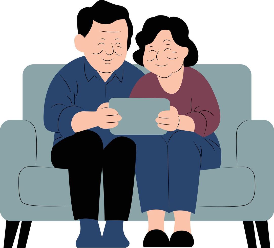 Elderly couple smiling while using a tablet together on a couch, International Day of Older Persons vector