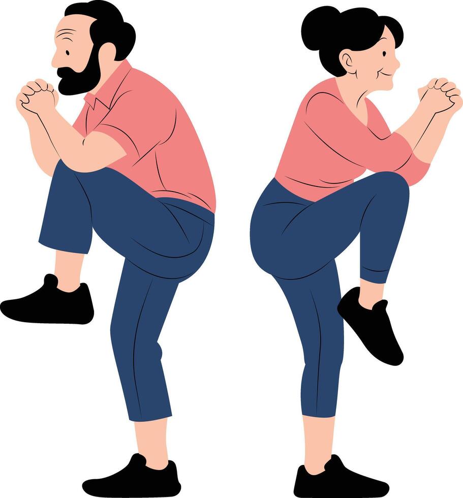 Man and Woman Exercising with Knees Up in Bright Colors, International Day of Older Persons vector