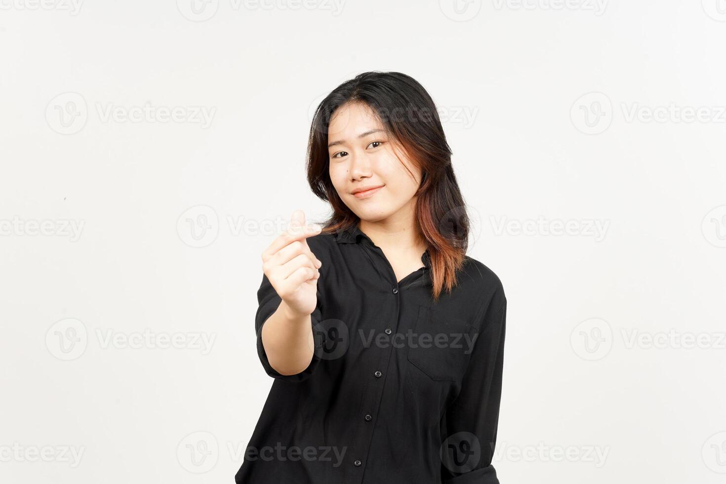 Showing Korean love finger of Beautiful Asian Woman Isolated On White Background photo