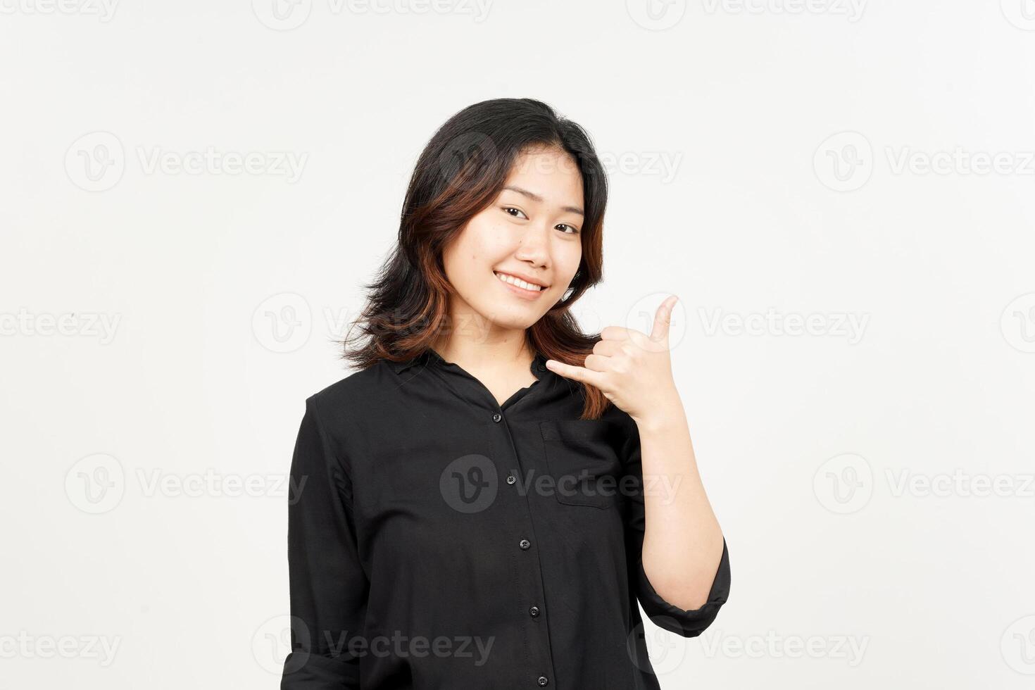 Call me back gesture of Beautiful Asian Woman Isolated On White Background photo