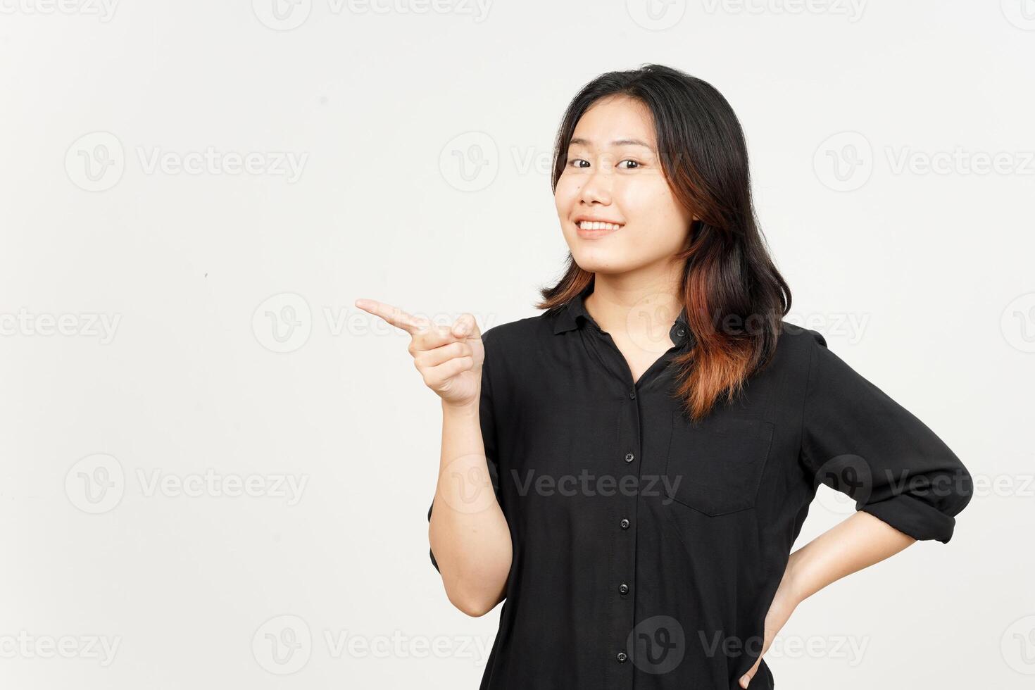 Showing Product and Pointing Side of Beautiful Asian Woman Isolated On White Background photo