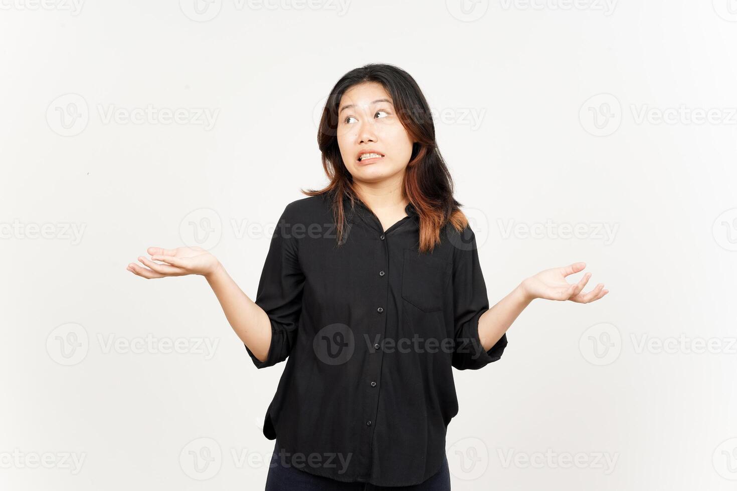 Doubt Confused, Don't know Gesture of Beautiful Asian Woman Isolated On White Background photo