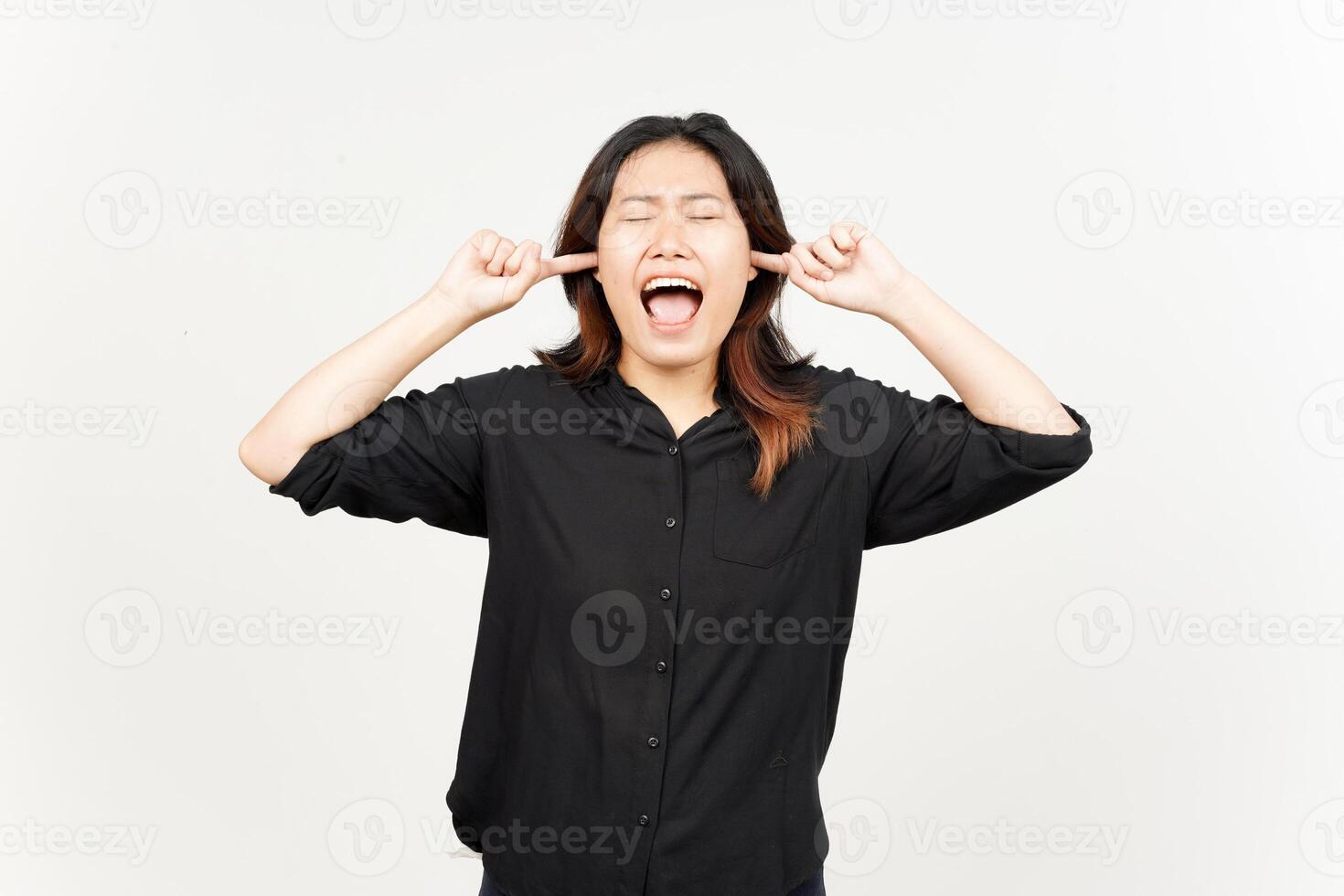 Hears bothering noise of Beautiful Asian Woman Isolated On White Background photo