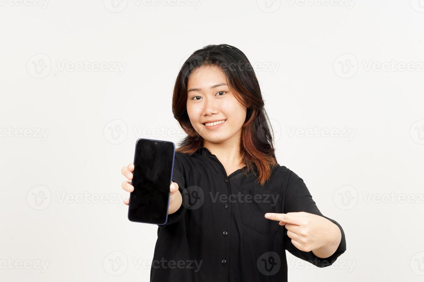 Showing Apps or Ads On Blank Screen Smartphone of Beautiful Asian Woman Isolated On White Background photo