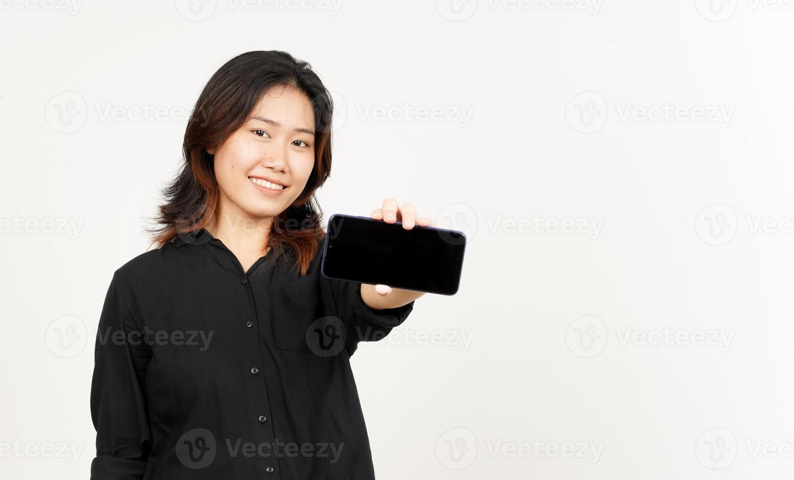 Showing Apps or Ads On Blank Screen Smartphone of Beautiful Asian Woman Isolated On White Background photo