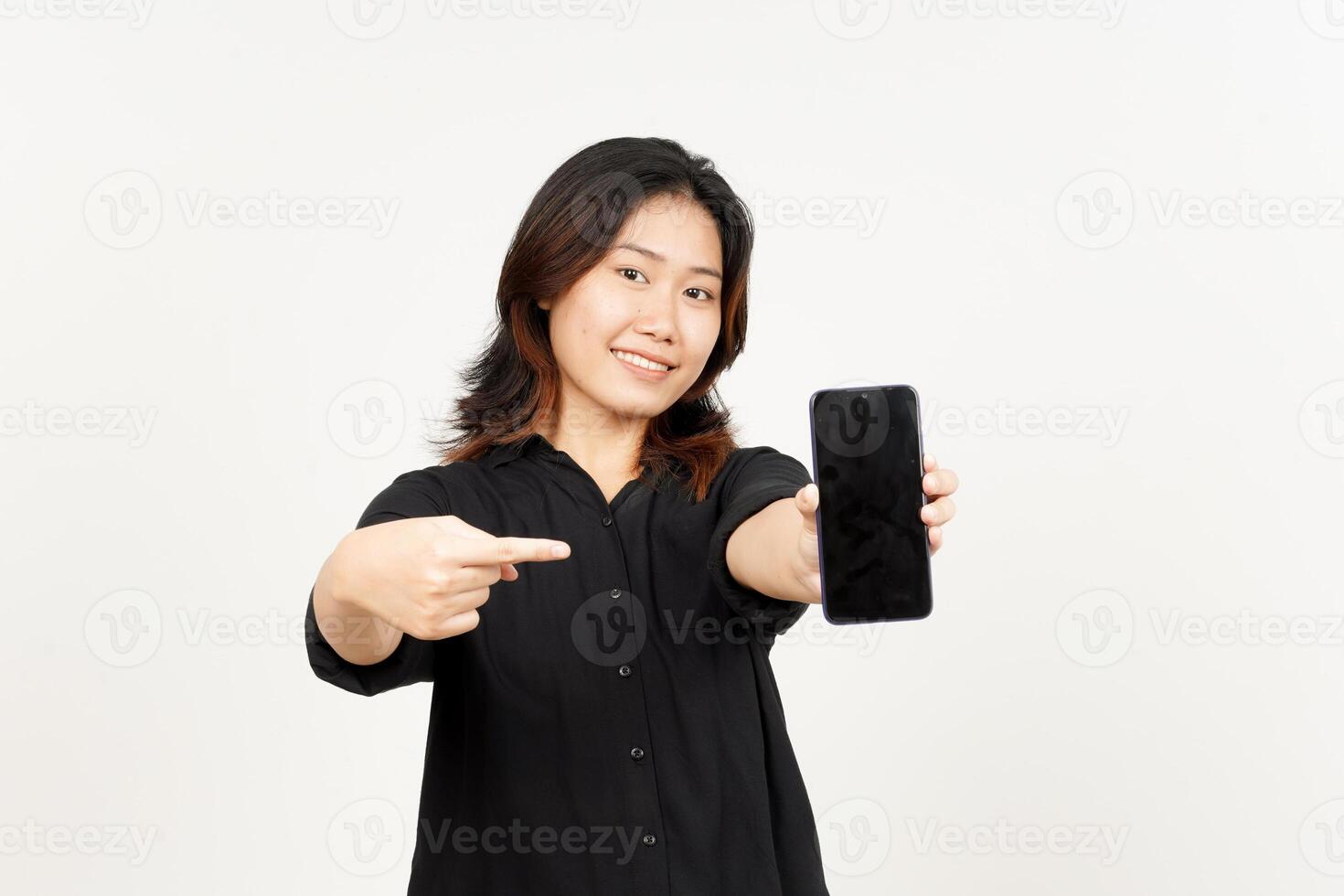 Showing Apps or Ads On Blank Screen Smartphone of Beautiful Asian Woman Isolated On White Background photo