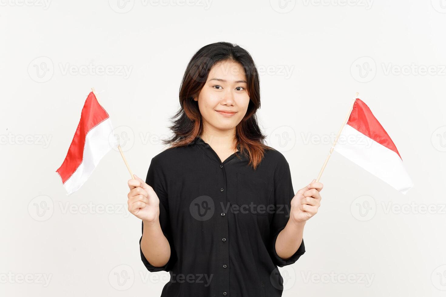 Holding Indonesian flag of Beautiful Asian Woman Isolated On White Background photo
