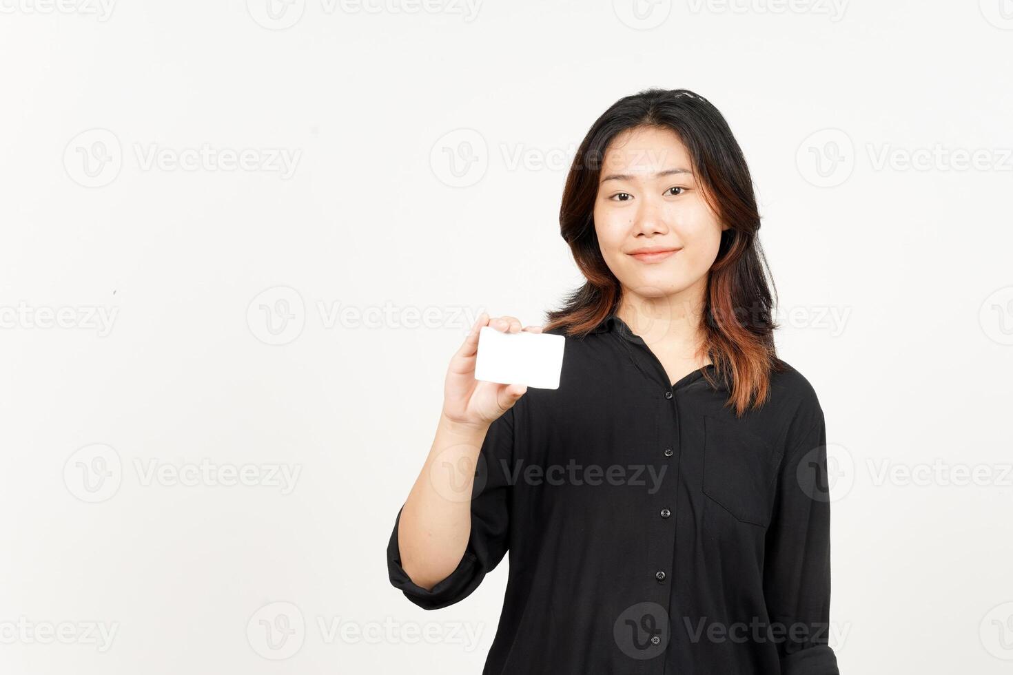 Holding Blank Bank Card Or Credit Card of Beautiful Asian Woman Isolated On White Background photo