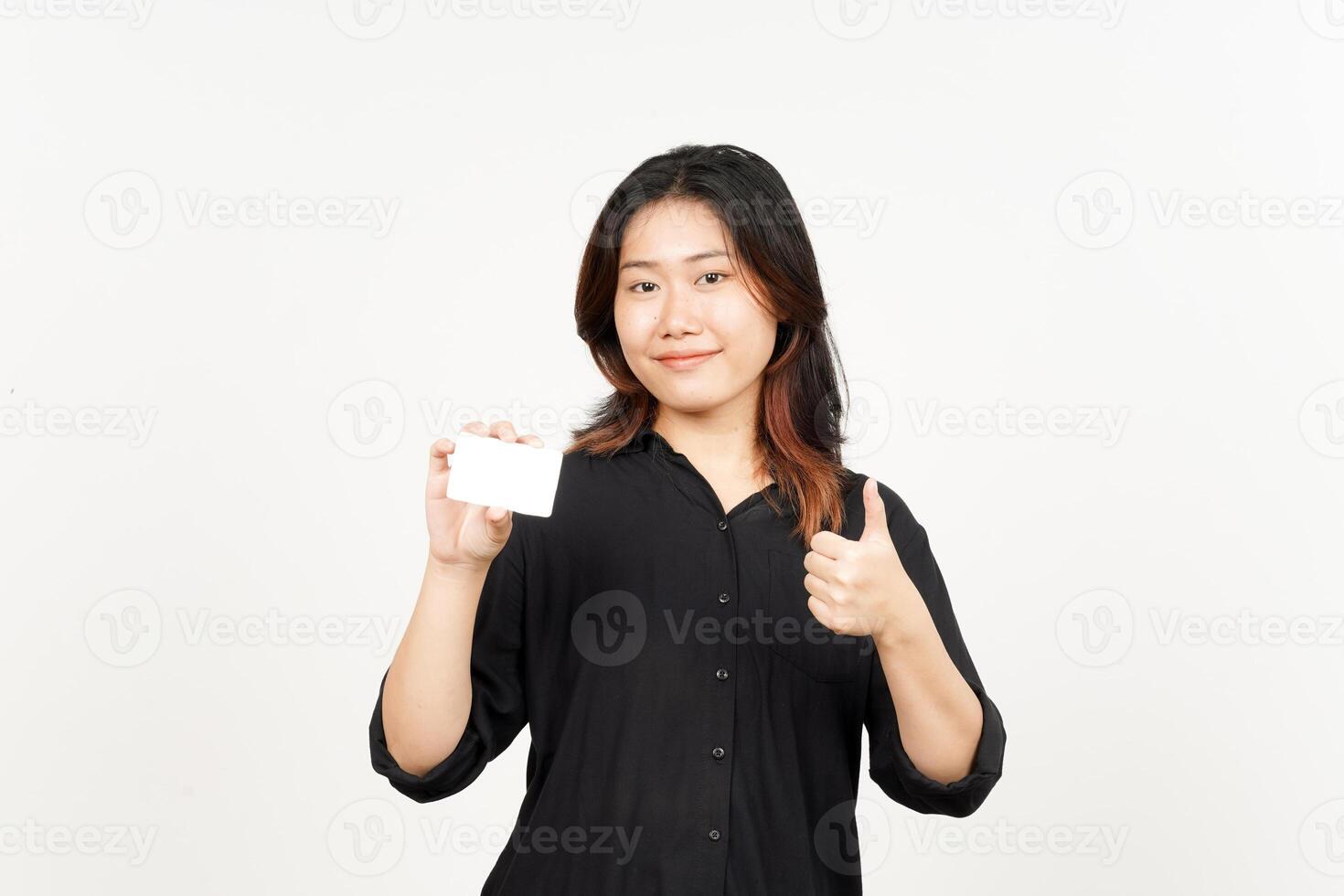 Holding Blank Bank Card Or Credit Card of Beautiful Asian Woman Isolated On White Background photo