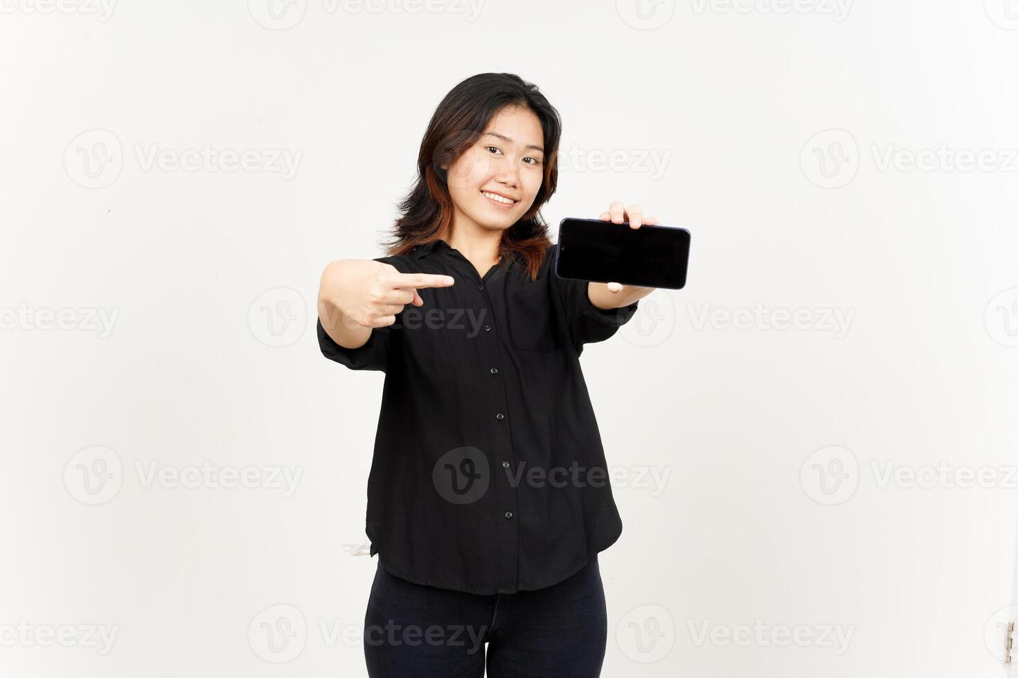 Showing Apps or Ads On Blank Screen Smartphone of Beautiful Asian Woman Isolated On White Background photo