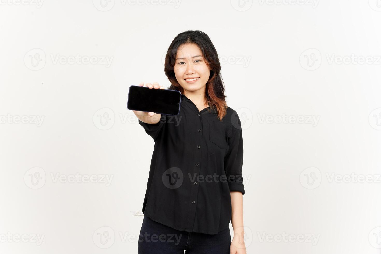 Showing Apps or Ads On Blank Screen Smartphone of Beautiful Asian Woman Isolated On White Background photo