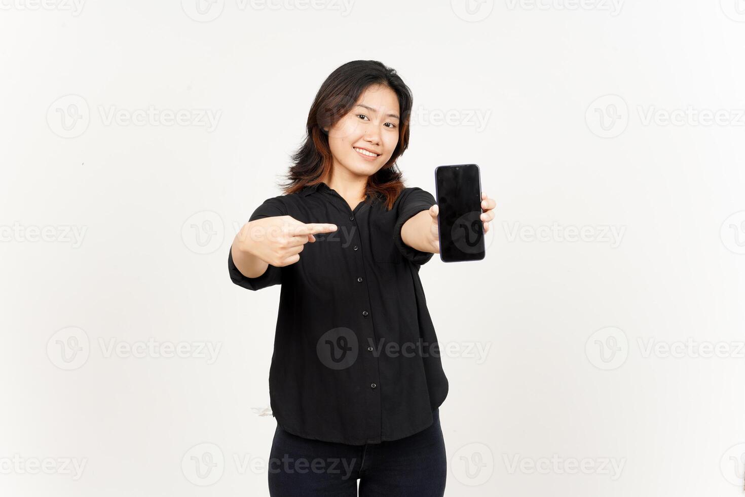 Showing Apps or Ads On Blank Screen Smartphone of Beautiful Asian Woman Isolated On White Background photo
