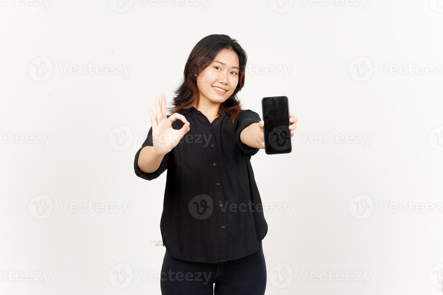 Showing Apps or Ads On Blank Screen Smartphone of Beautiful Asian Woman Isolated On White Background photo