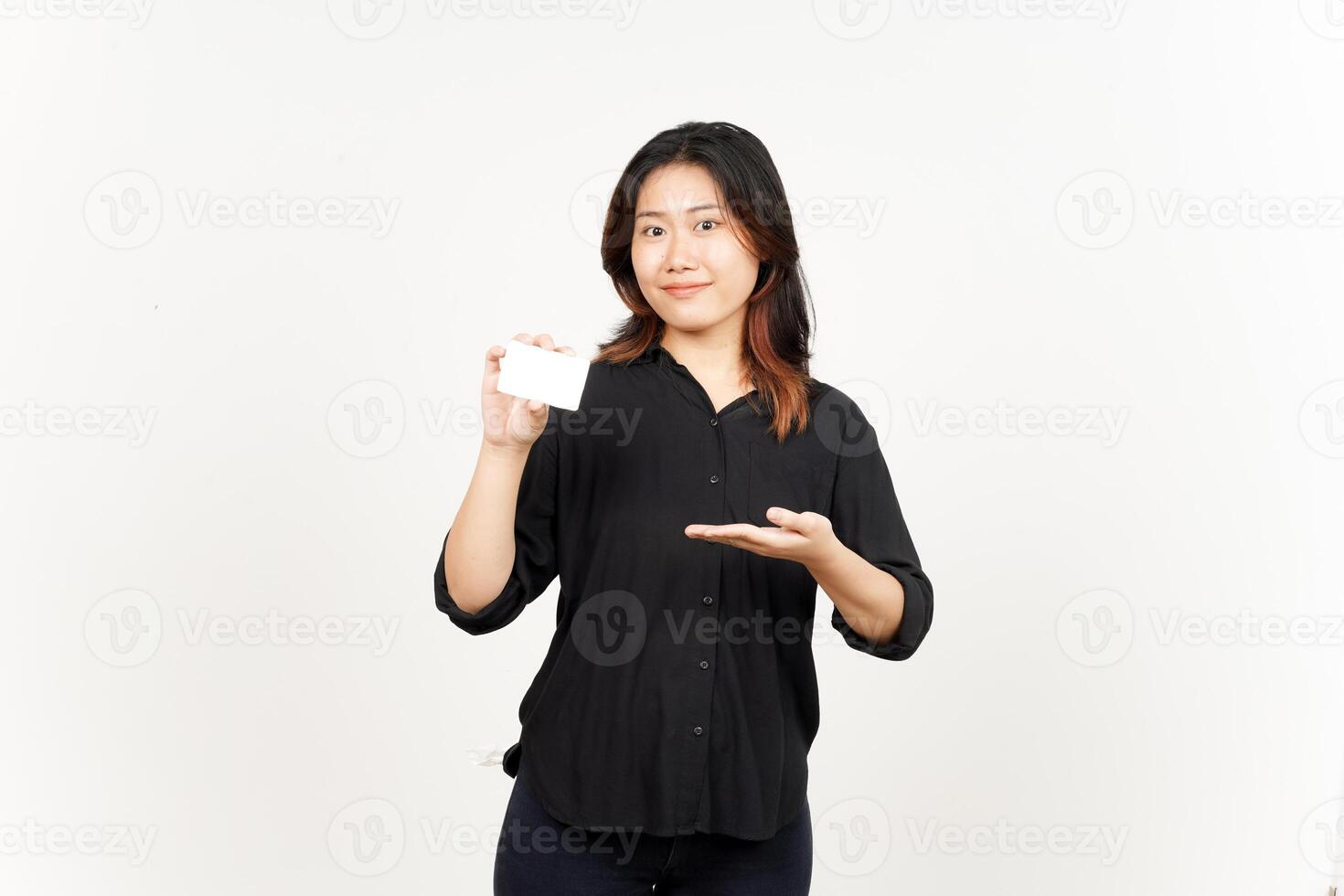 Holding Blank Bank Card Or Credit Card of Beautiful Asian Woman Isolated On White Background photo
