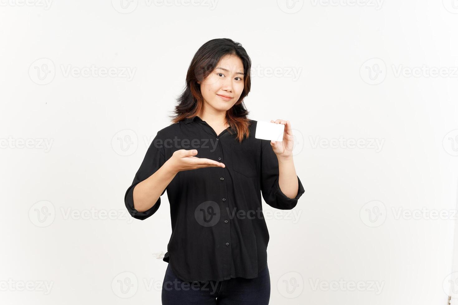 Holding Blank Bank Card Or Credit Card of Beautiful Asian Woman Isolated On White Background photo