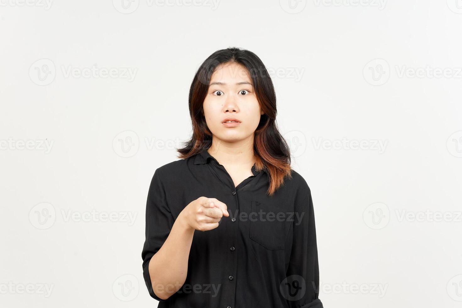 Pointing at you and angry face expression of Beautiful Asian Woman Isolated On White Background photo