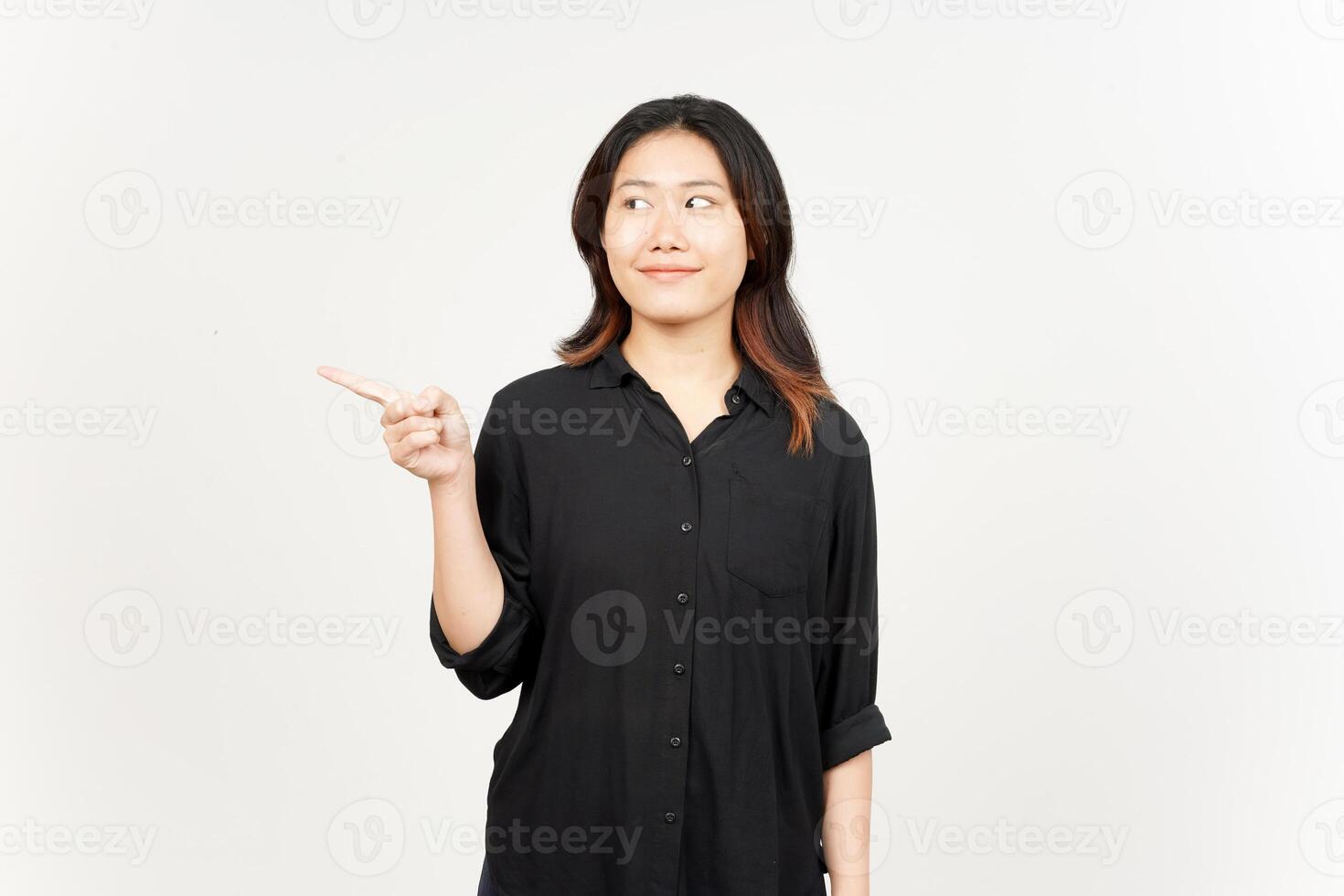 Showing Product and Pointing Side of Beautiful Asian Woman Isolated On White Background photo