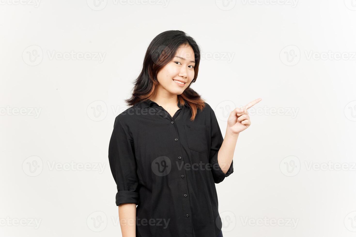 Showing Product and Pointing Side of Beautiful Asian Woman Isolated On White Background photo