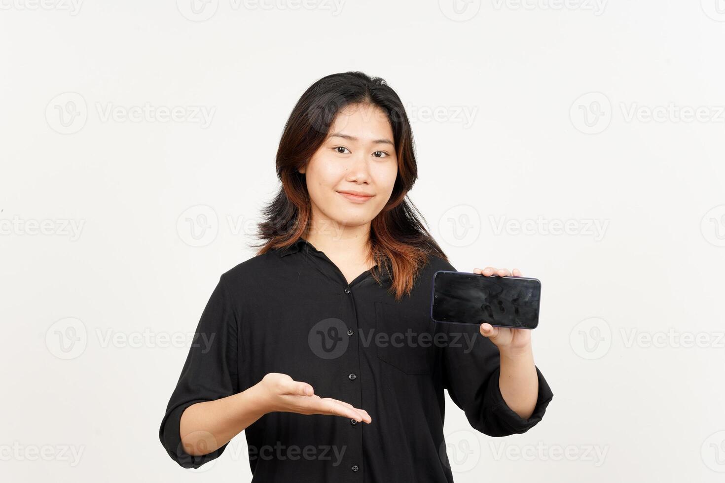 Showing Apps or Ads On Blank Screen Smartphone of Beautiful Asian Woman Isolated On White Background photo