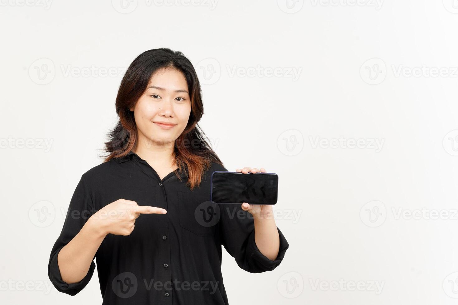 Showing Apps or Ads On Blank Screen Smartphone of Beautiful Asian Woman Isolated On White Background photo