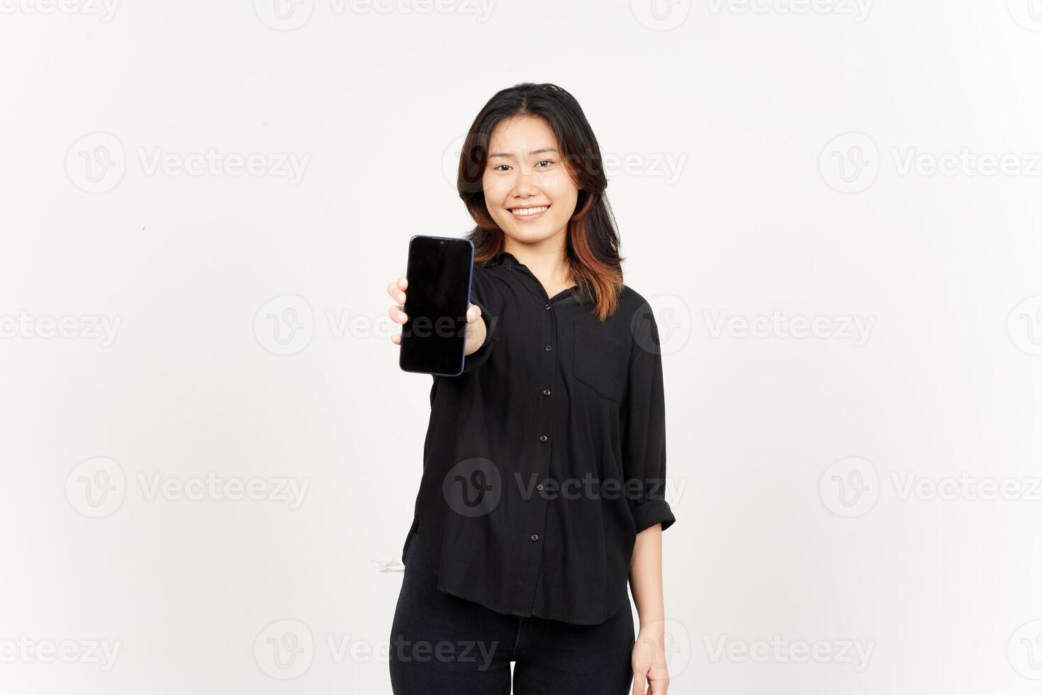 Showing Apps or Ads On Blank Screen Smartphone of Beautiful Asian Woman Isolated On White Background photo