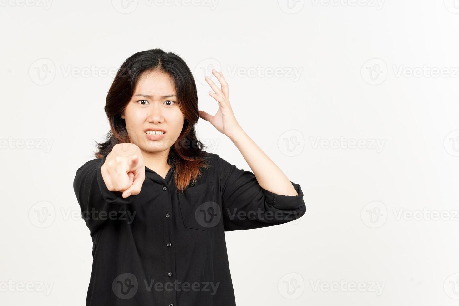 Pointing at camera and angry gesture of Beautiful Asian Woman Isolated On White Background photo