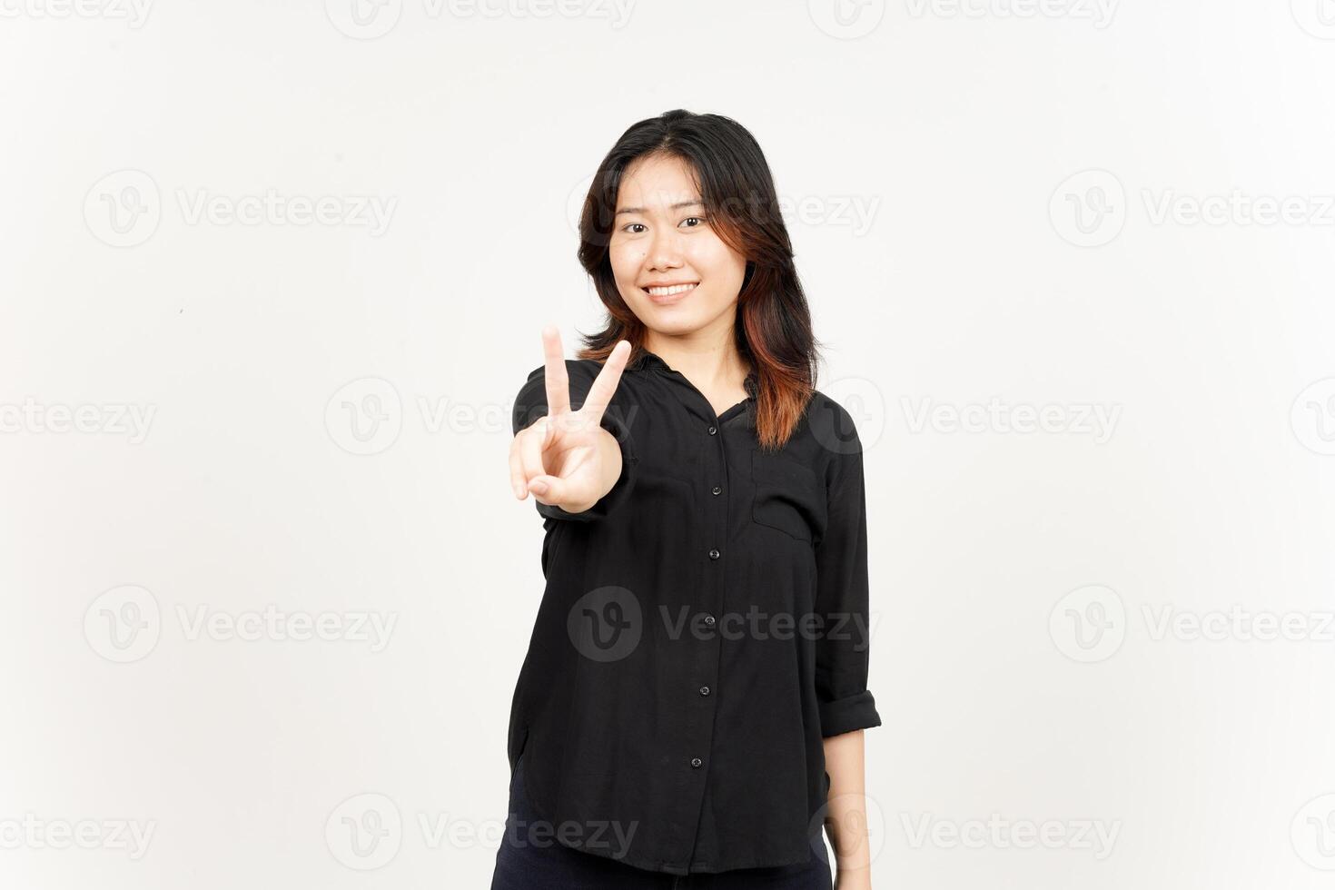 Showing peace sign of Beautiful Asian Woman Isolated On White Background photo