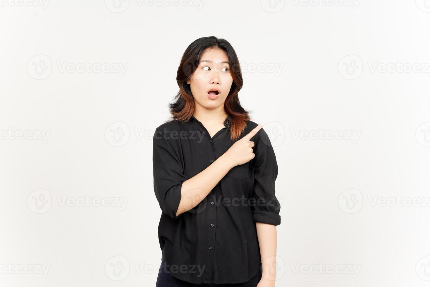 Showing Product and Pointing Side of Beautiful Asian Woman Isolated On White Background photo