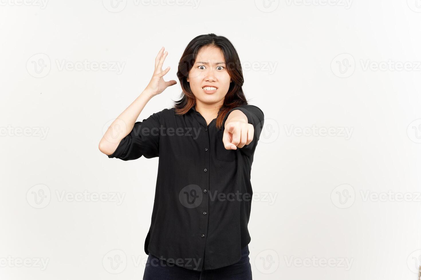 Pointing at camera and angry gesture of Beautiful Asian Woman Isolated On White Background photo