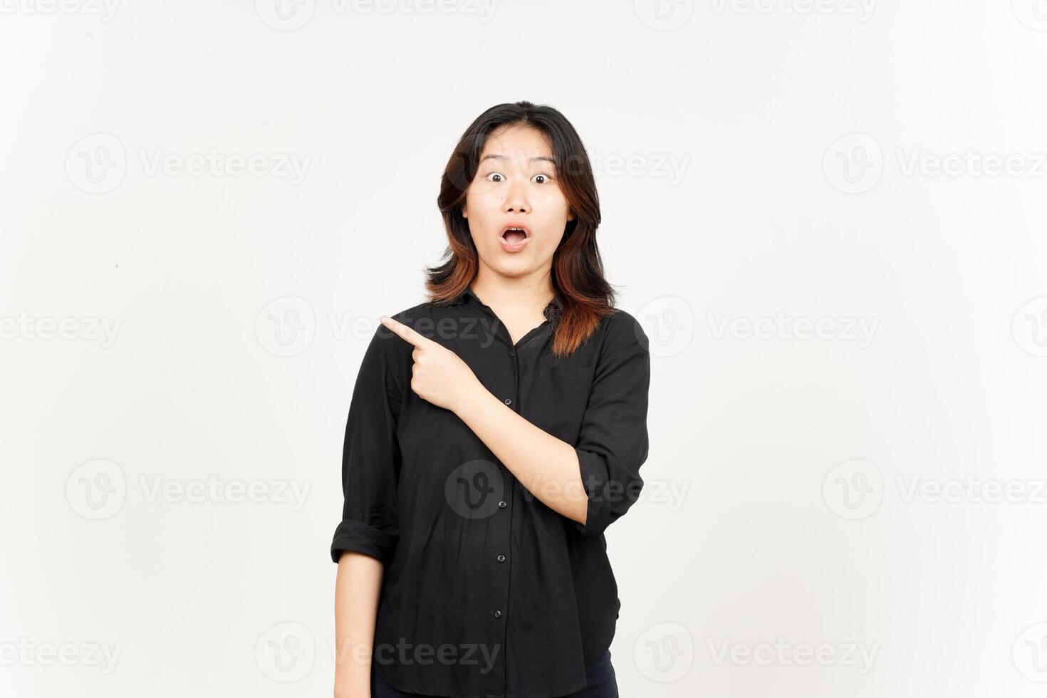 Showing Product and Pointing Side of Beautiful Asian Woman Isolated On White Background photo