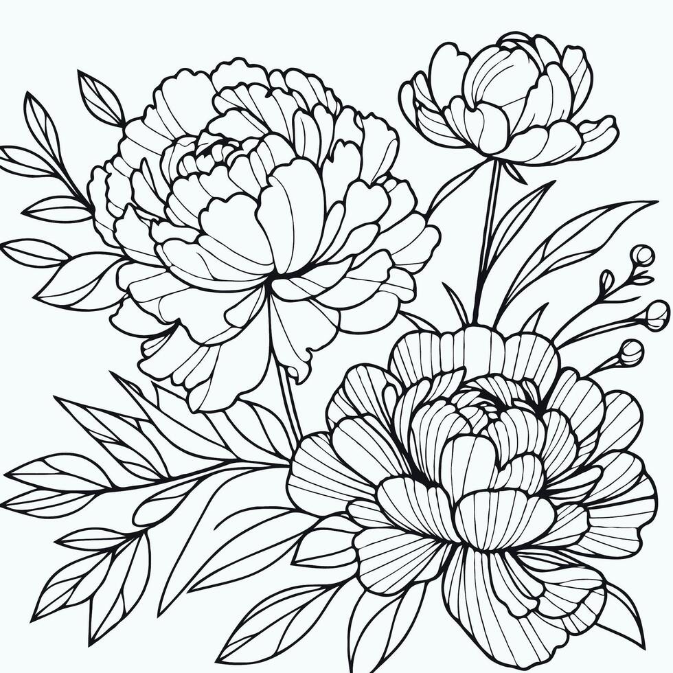 A coloring page with flowers and leaves vector
