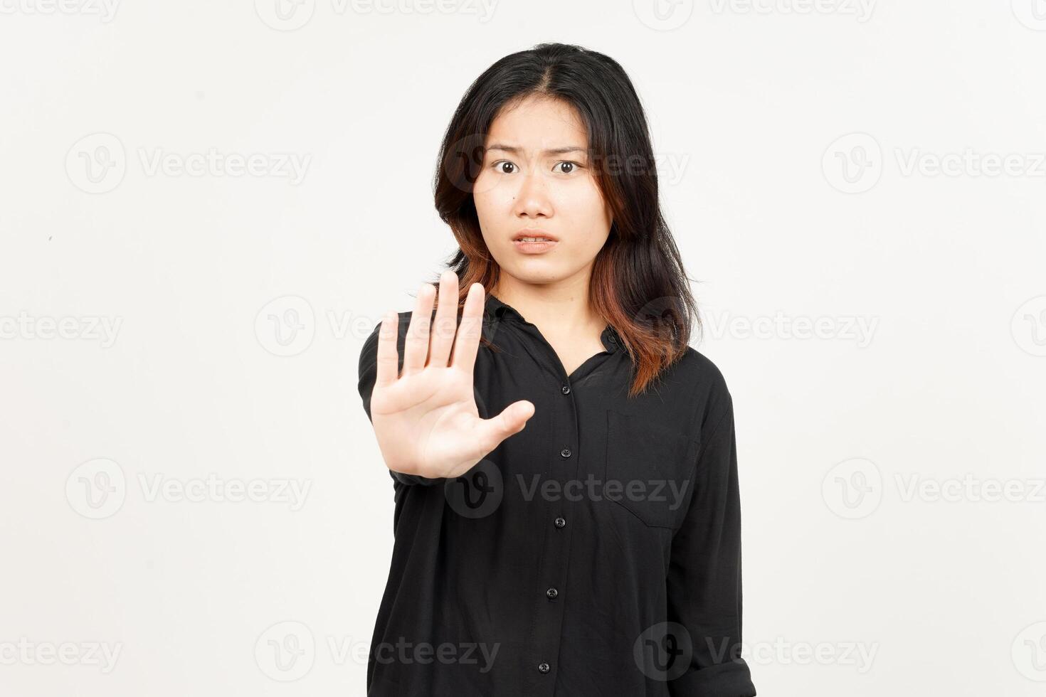 Stop and Rejection Hand Gesture of Beautiful Asian Woman Isolated On White Background photo